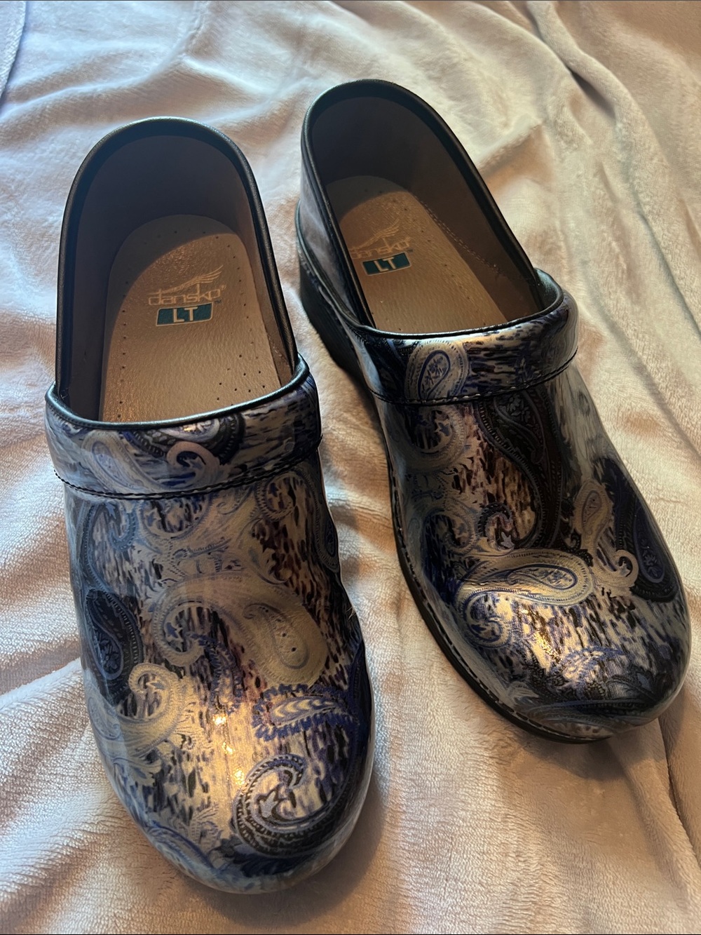 Dansko LT Paisley Patent Clogs in Blue and White